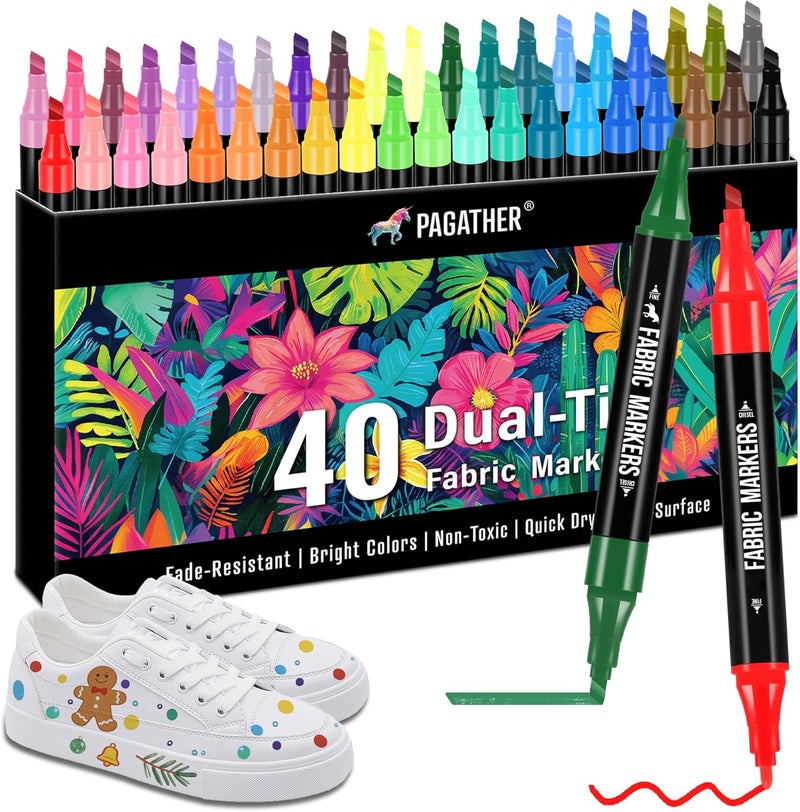 Pagather Fabric Markers Permanent for Clothes, 40 Colors Dual Tip with Fine and Chisel Tips Paint Pens for Clothing Canvas Tote Bags T-Shirt and Shoes, Non Toxic Ink for Kids and Adults - Image 1